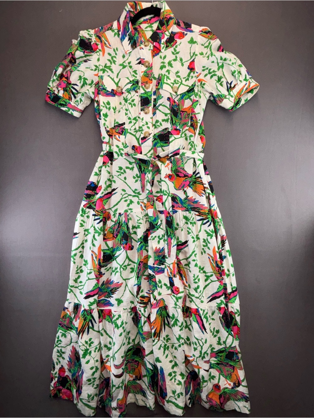 Derek Lam 10 Crosby Buffy Linen Tropical Bird Button Belted Utility Dress